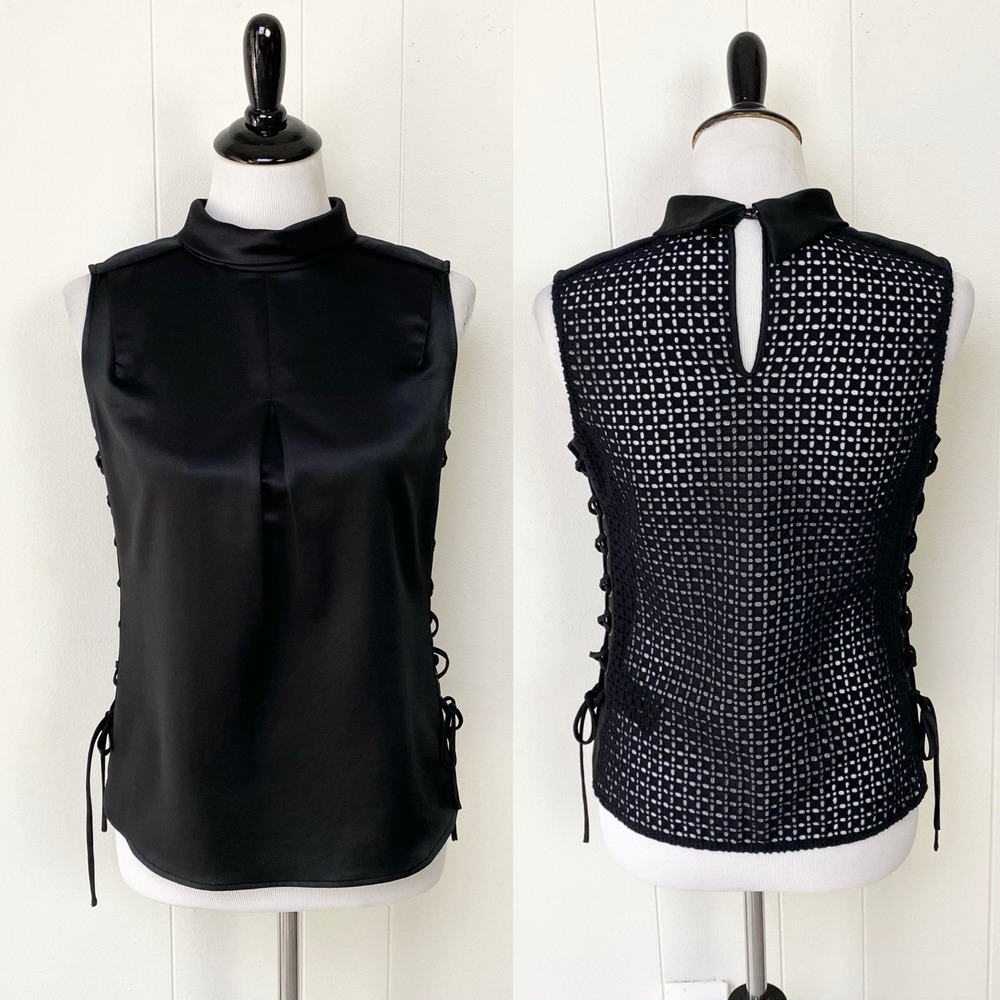 Karen Millen Black High Neck Corset Lace Up Sides Lace Back Sleevless Top US 4